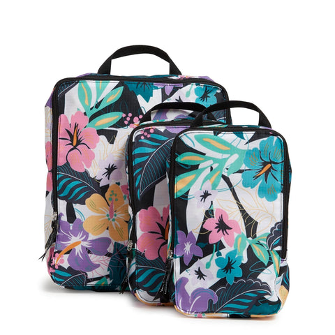 Set of three compression packing cubes with tropical print 