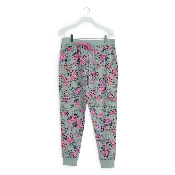 Jogger style pajama pants in green and pink floral Vera Bradley pattern