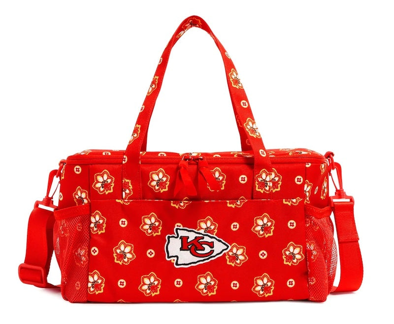 Large red Kansas City Chiefs cooler with handles and carrying strap