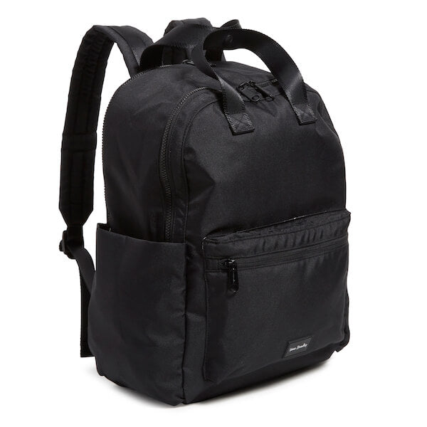 Black water repellent backpack with tote handles