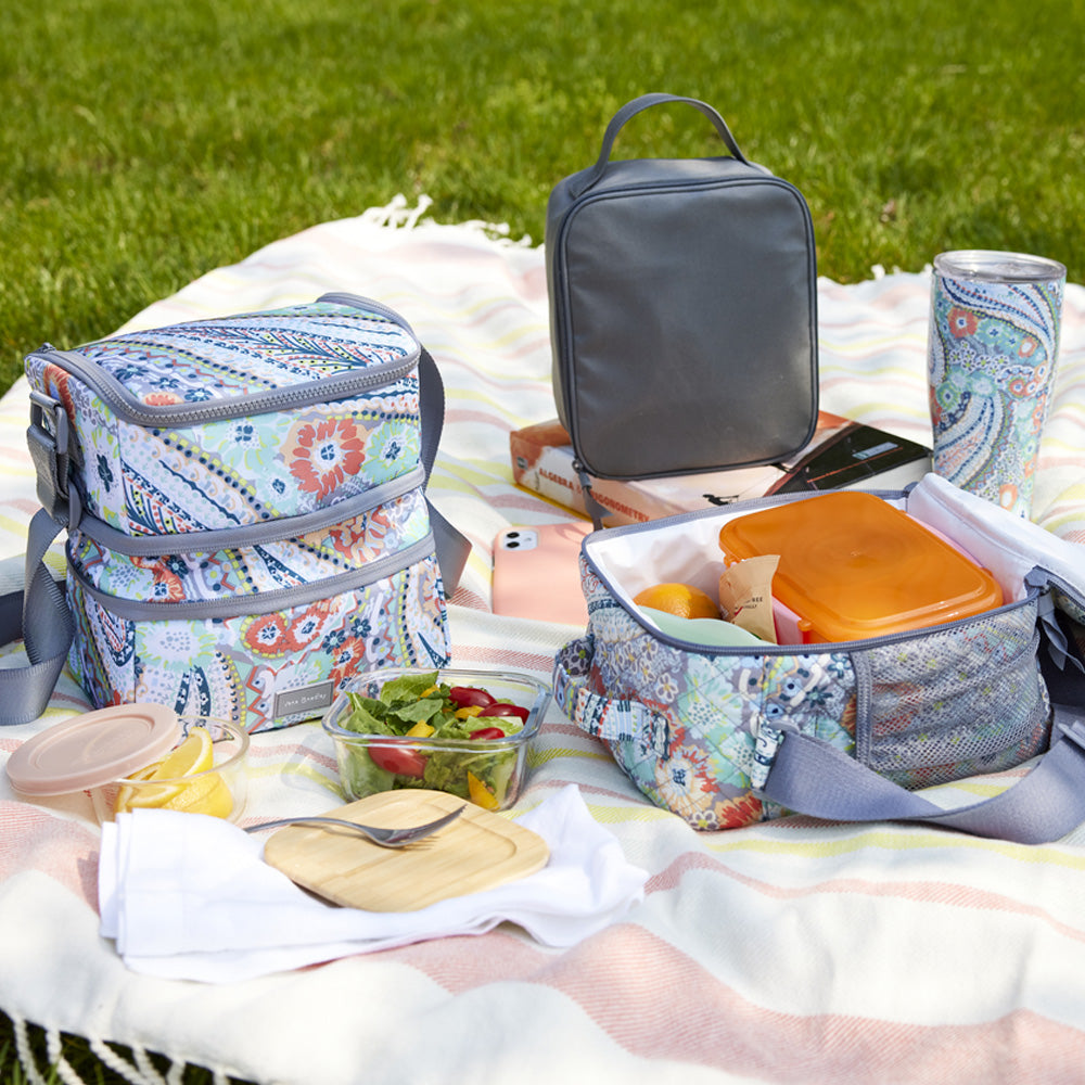 lunch bags on picnic blanket 