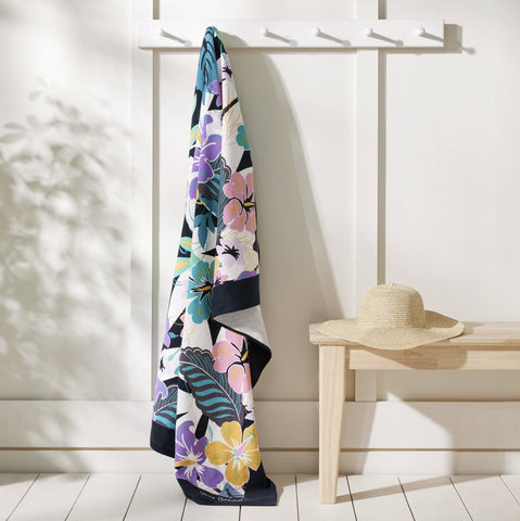 Large cotton terry beach towel with colorful tropical flowers