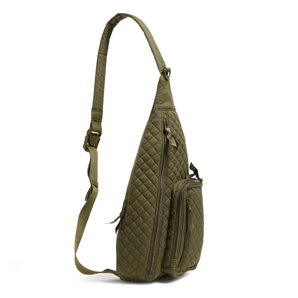Green quilted sling backpack