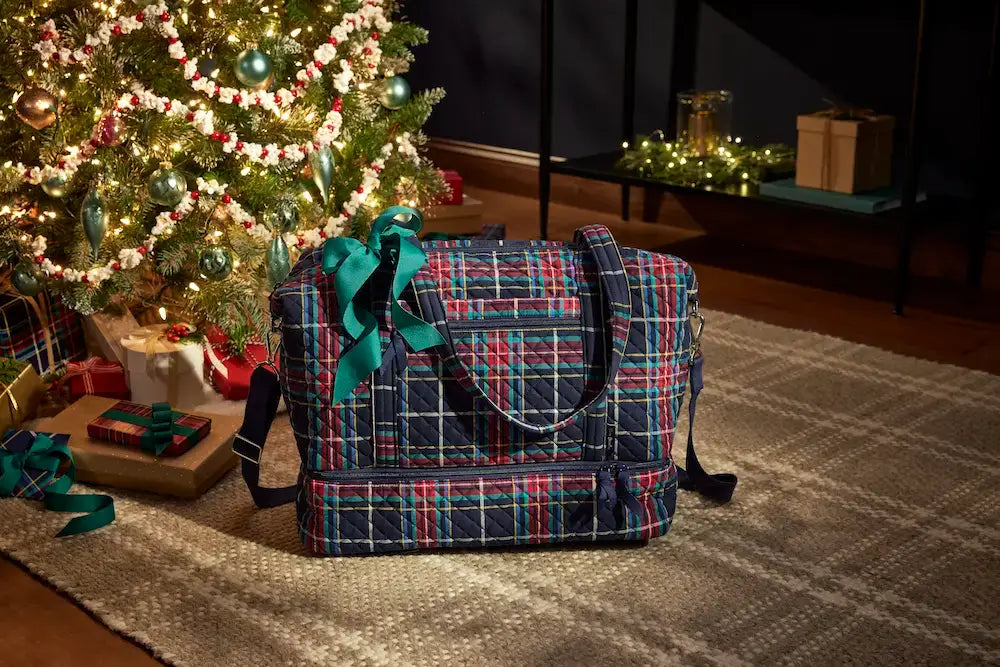 Deluxe travel tote in front of Christmas tree