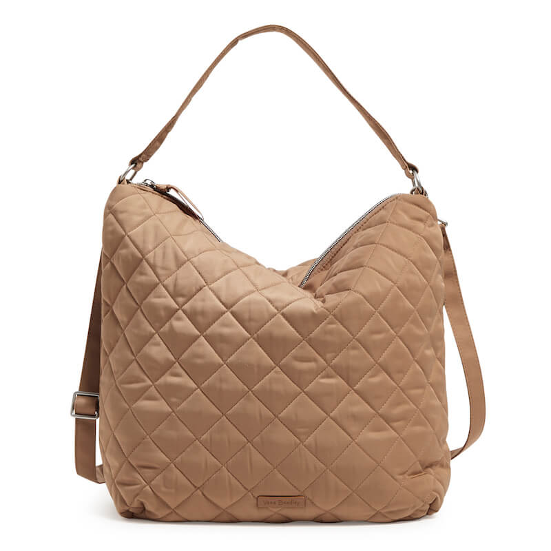 Oversized quilted beige hobo shoulder bag with crossbody strap