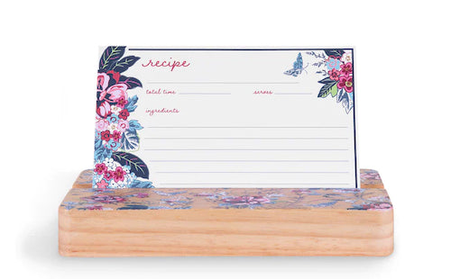 wooden recipe card holder with floral printed recipe card