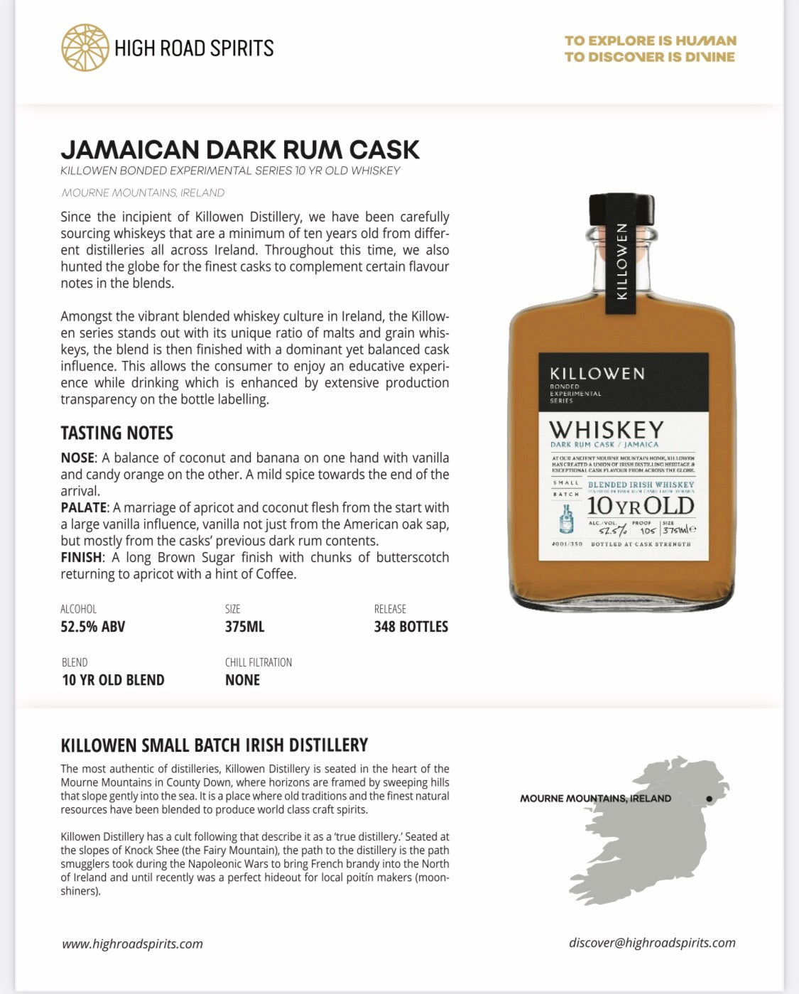 10 Year Old Killowen Bonded Experimental Series Jamaican Dark Rum Cask Blended Irish Whiskey 375ml