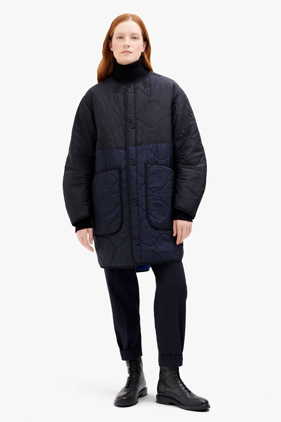 Colourblock Quilt Jacket - Black / Cobalt (listing page thumbnail)