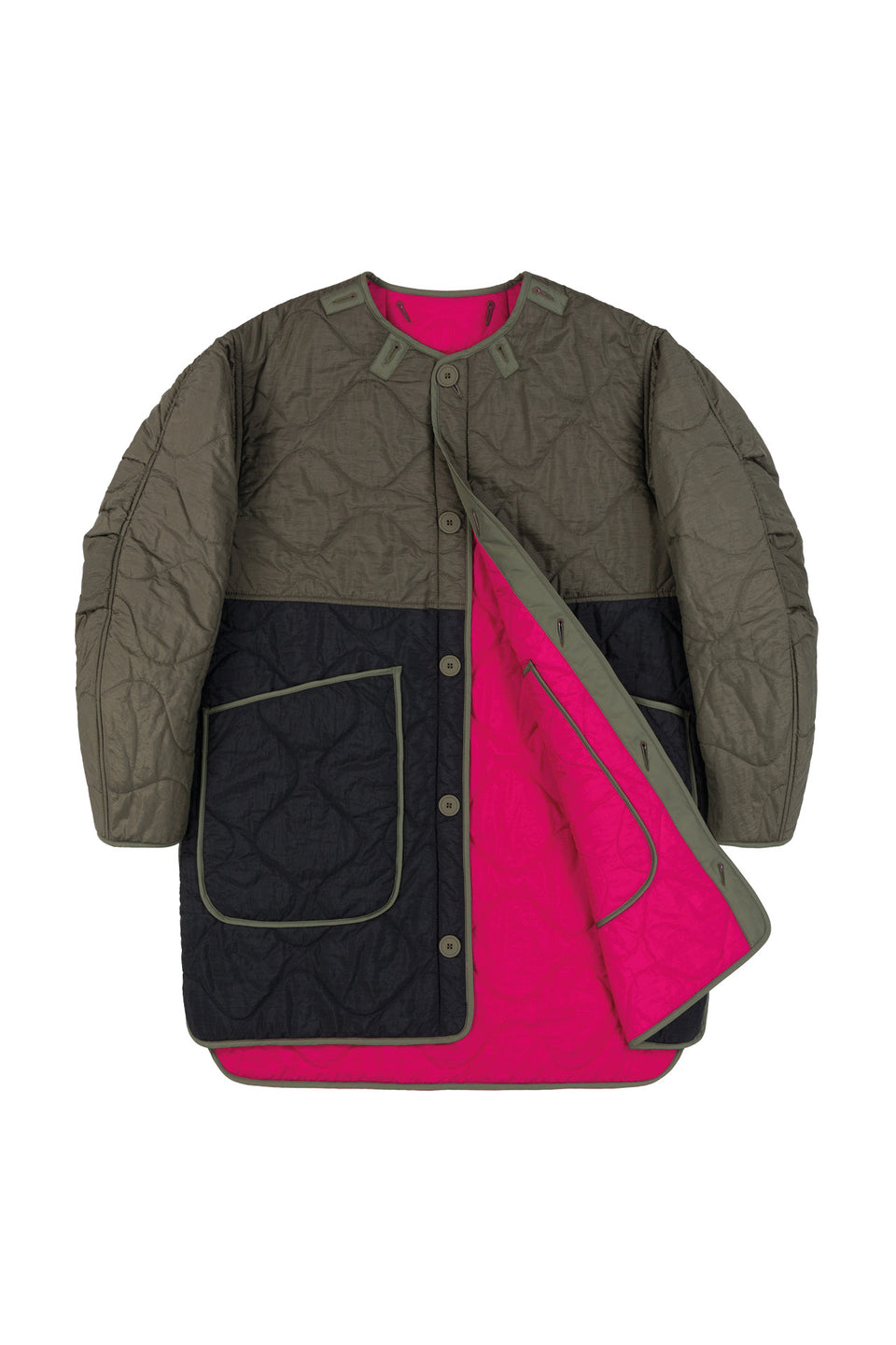Colourblock Quilt Jacket - Dark Olive / Fuchsia (listing page thumbnail)