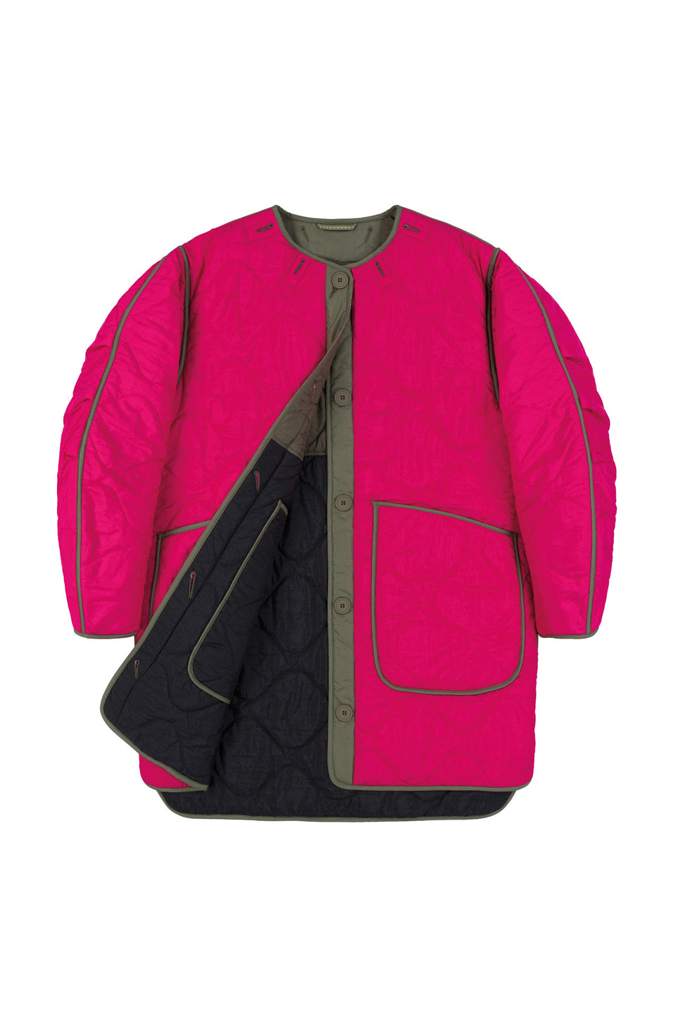 Colourblock Quilt Jacket - Dark Olive / Fuchsia (listing page thumbnail)