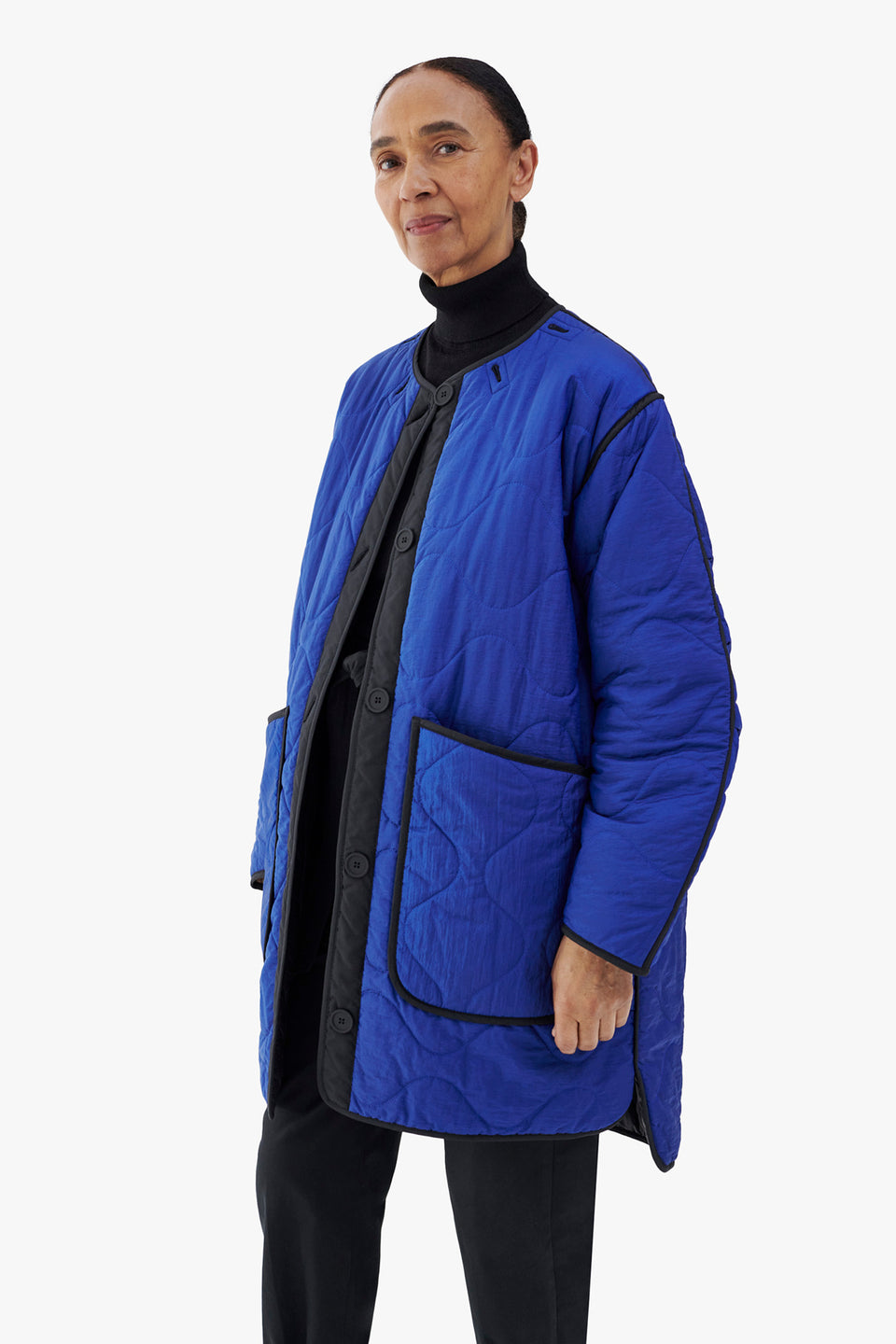 Colourblock Quilt Jacket - Stone / Cobalt (listing page thumbnail)