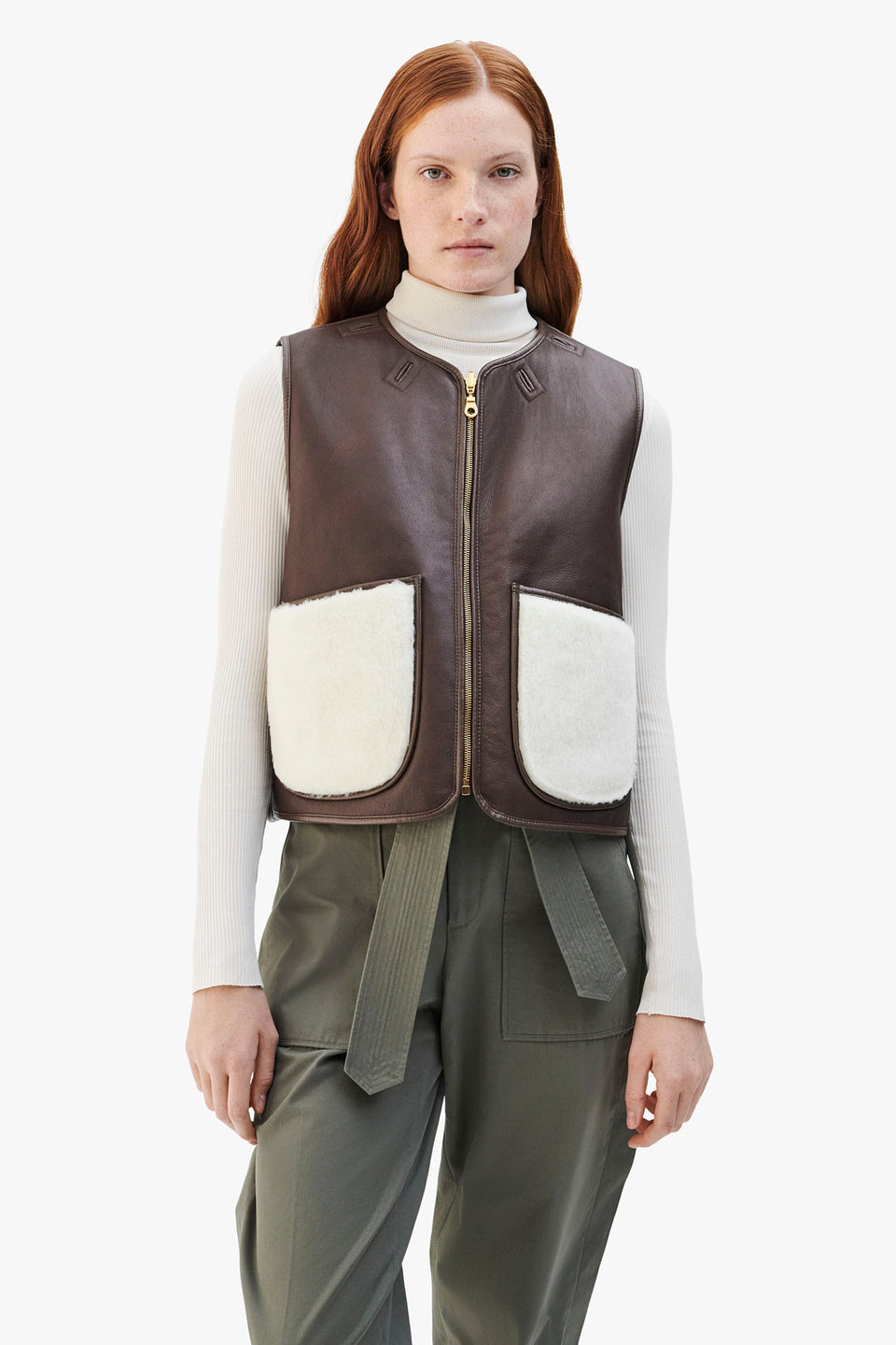 Cropped Aviator Shearling Vest - Chocolate / Natural (listing page thumbnail)