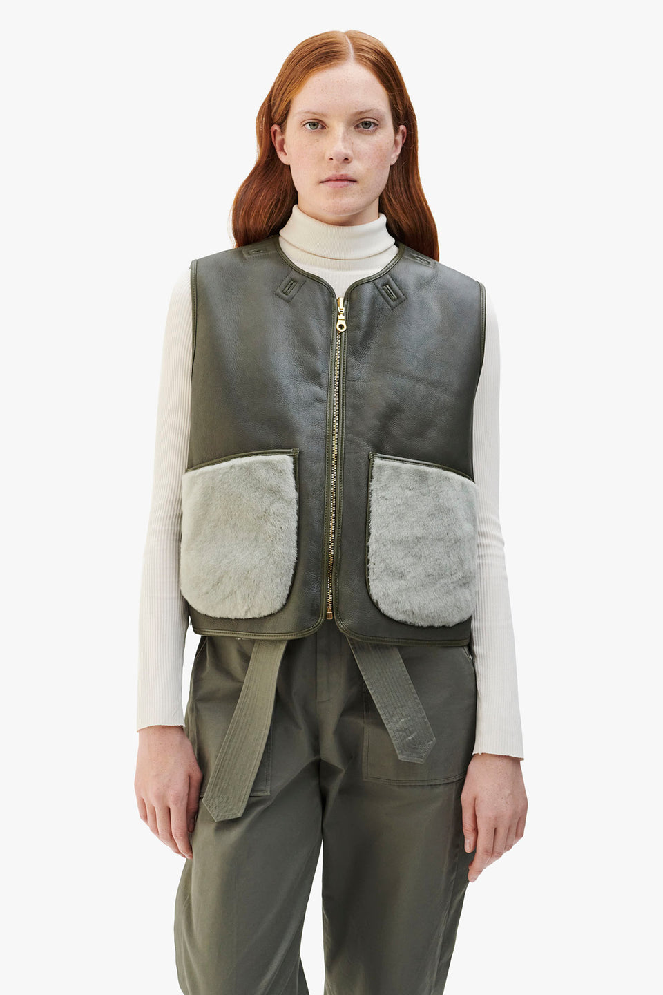 Cropped Aviator Shearling Vest - Dark Olive / Pale Jade (listing page thumbnail)