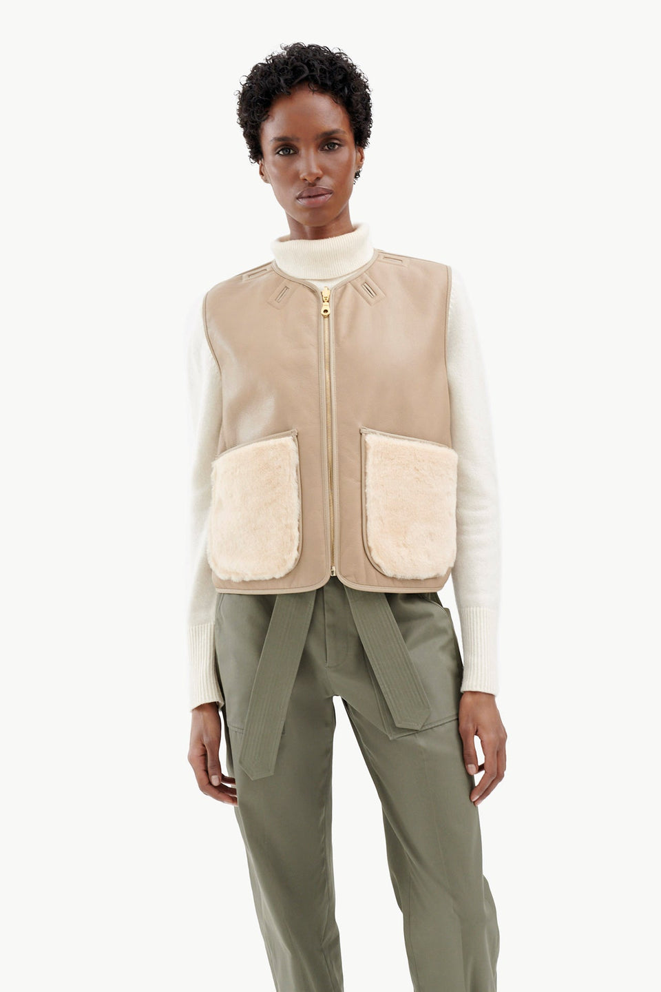 Cropped Aviator Shearling Vest - Mocha Brown / Blush (listing page thumbnail)