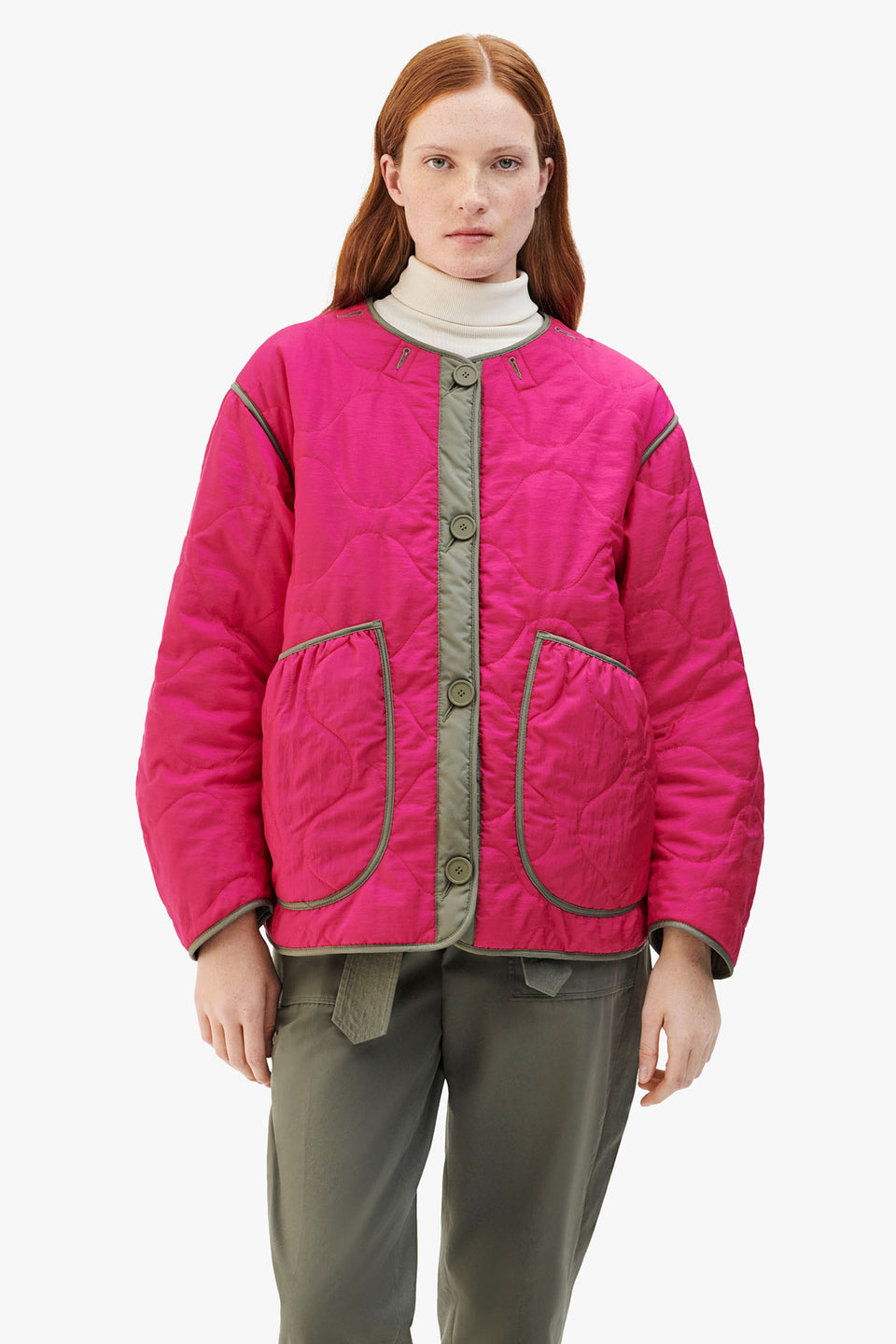 Cropped Quilt Jacket - Dark Olive / Fuchsia (listing page thumbnail)