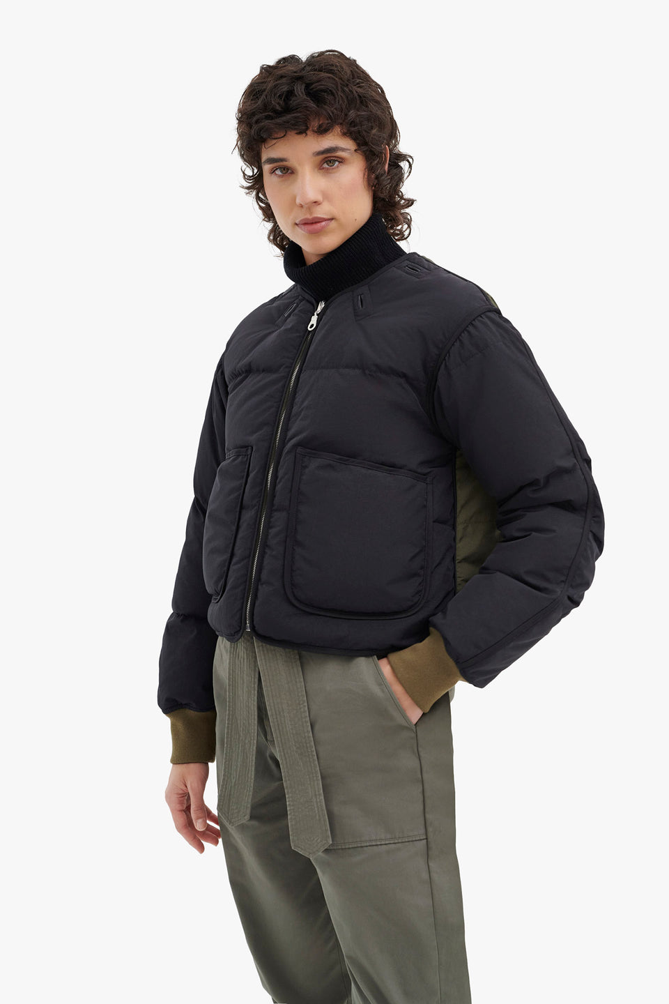 Down Cropped Aviator Jacket - Black / Eucalyptus (listing page thumbnail)