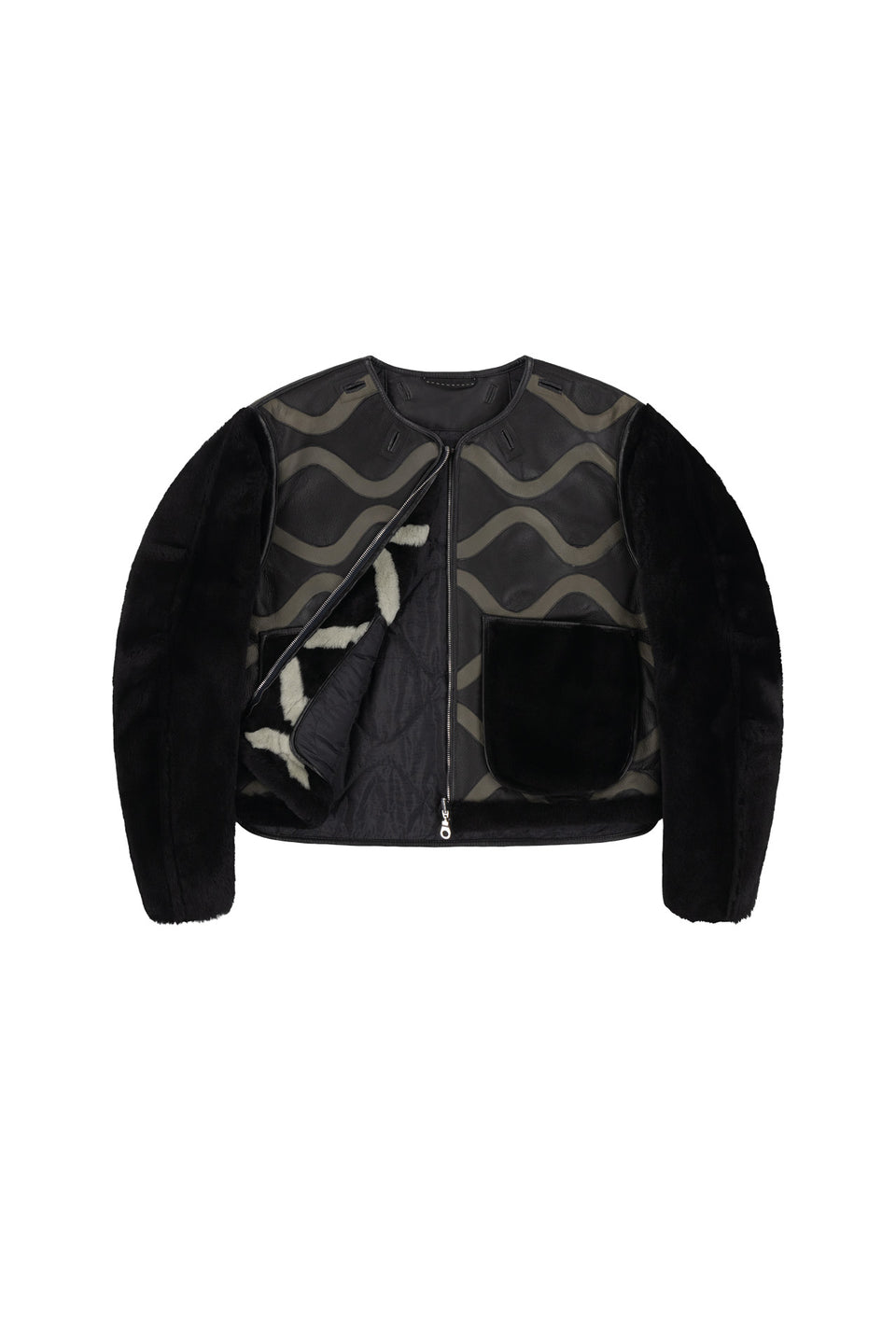 Intarsia Shearling Cropped Aviator Jacket - Black / Black (listing page thumbnail)