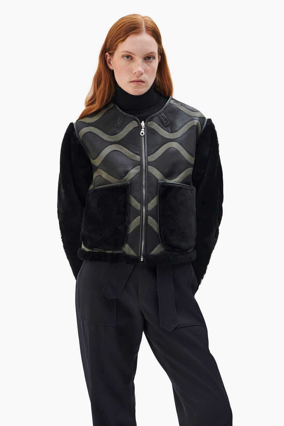 Intarsia Shearling Cropped Aviator Jacket - Black / Black (listing page thumbnail)