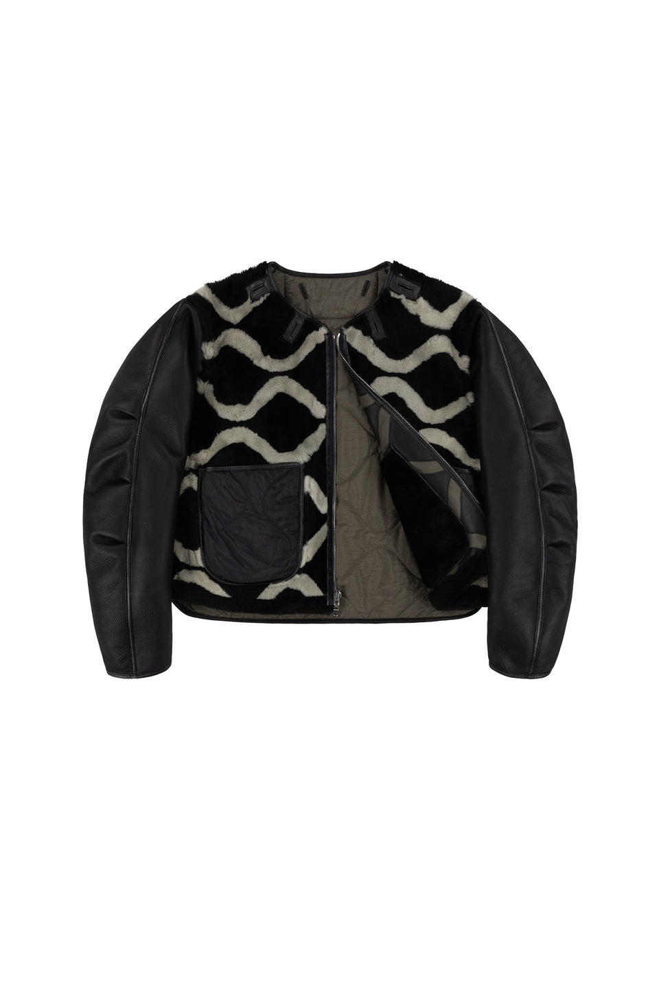 Intarsia Shearling Cropped Aviator Jacket - Black / Black (listing page thumbnail)