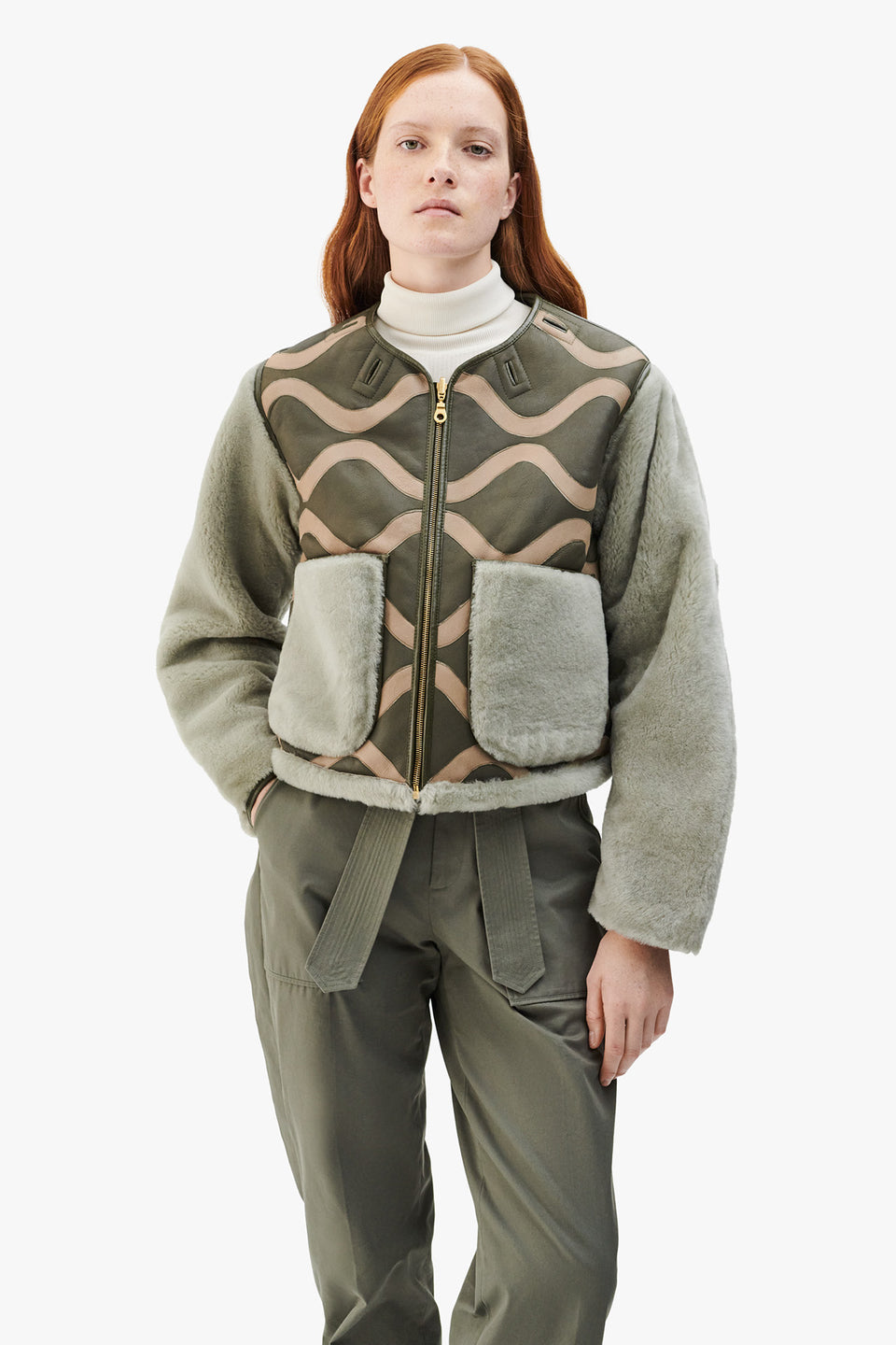 Intarsia Shearling Cropped Aviator Jacket - Dark Olive / Natural (listing page thumbnail)