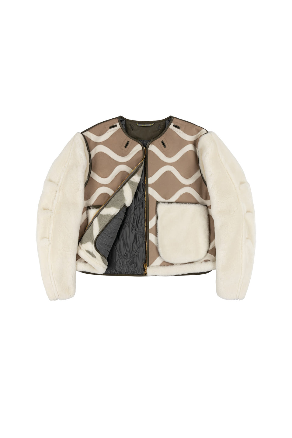 Intarsia Shearling Cropped Aviator Jacket - Taupe / Pale Jade (listing page thumbnail)