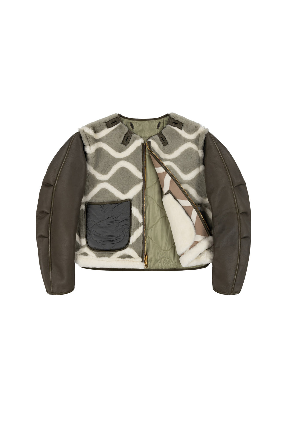 Intarsia Shearling Cropped Aviator Jacket - Taupe / Pale Jade (listing page thumbnail)