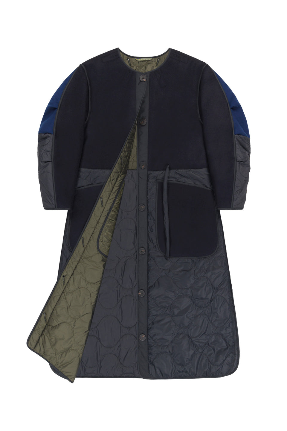 Long Wool Patchwork Quilt Jacket - Navy / Dark Olive (listing page thumbnail)
