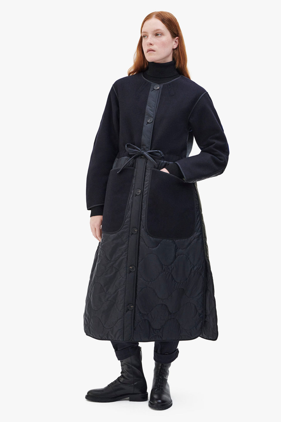 Long Wool Patchwork Quilt Jacket - Navy / Dark Olive (listing page thumbnail)