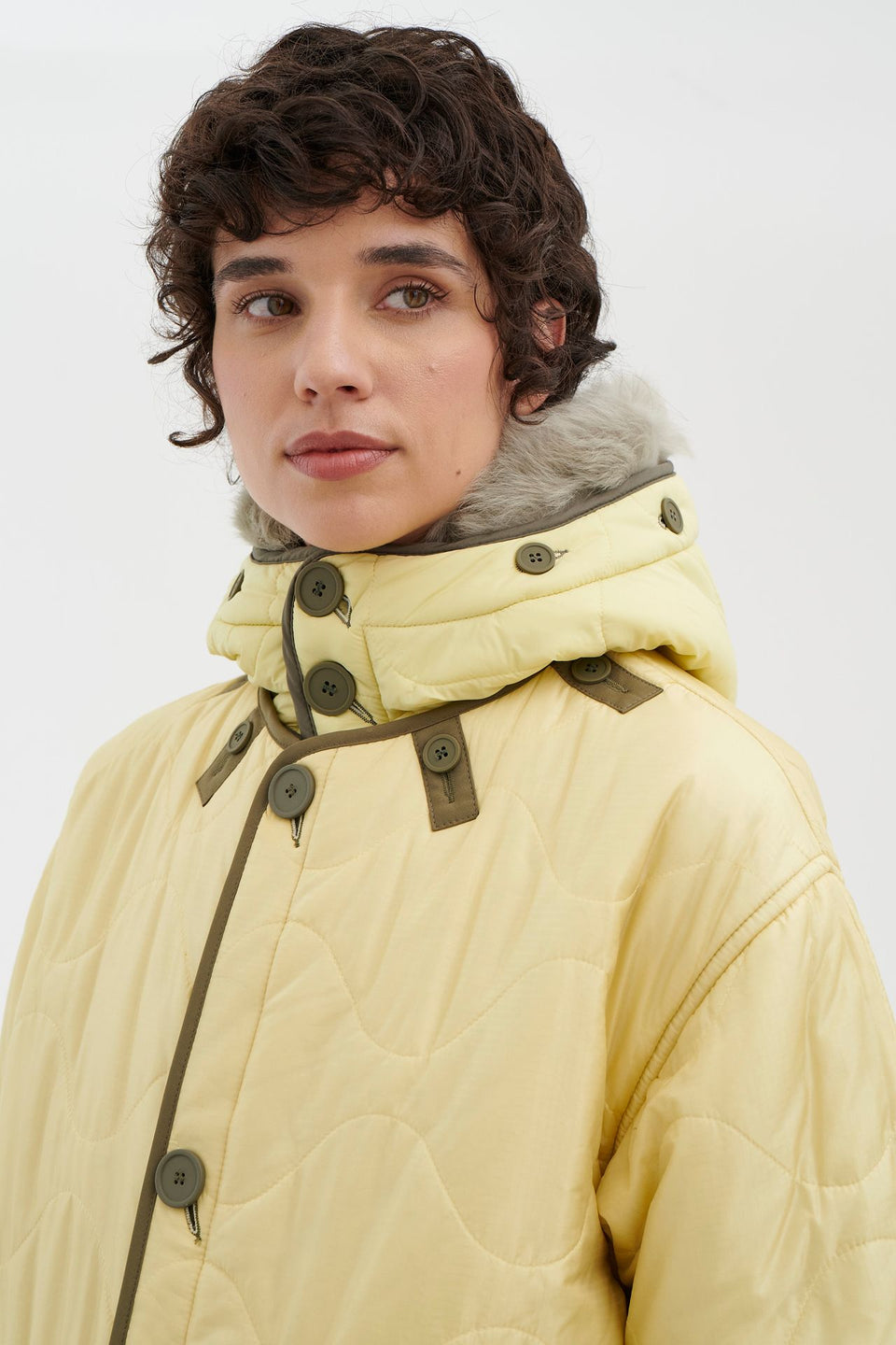Quilt Hood Shearling Trim - Pale Sage / Pale Yellow (listing page thumbnail)