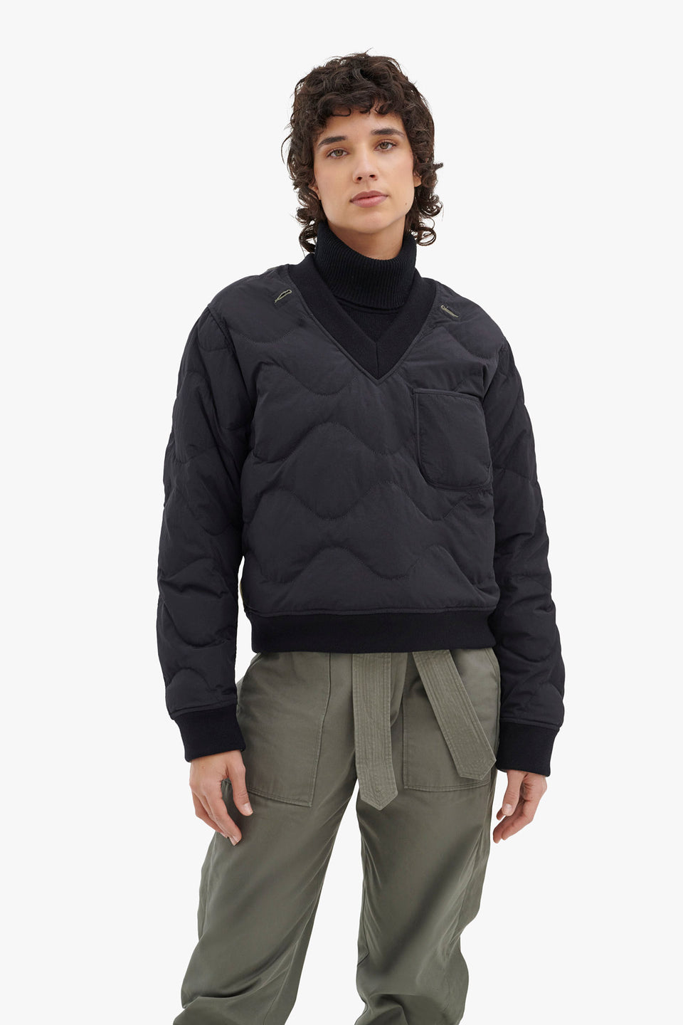 Quilted Down V Neck Sweater - Black / Dark Olive (listing page thumbnail)