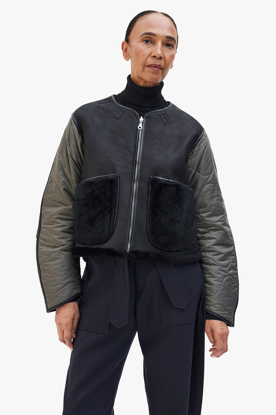 Shearling Cropped Aviator Quilt Jacket - Black / Black (listing page thumbnail)