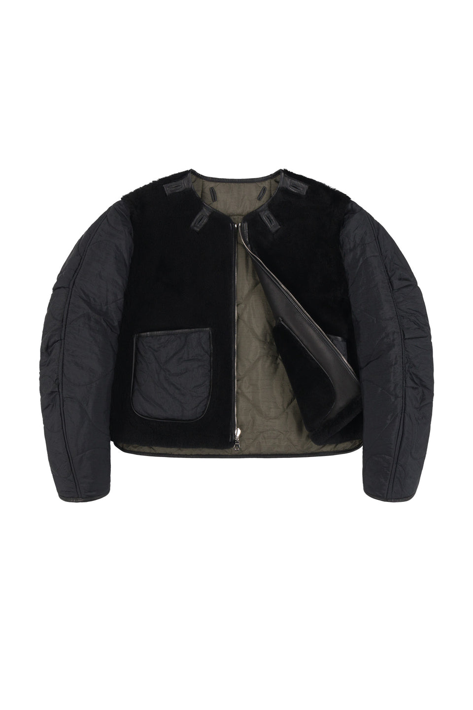 Shearling Cropped Aviator Quilt Jacket - Black / Black (listing page thumbnail)