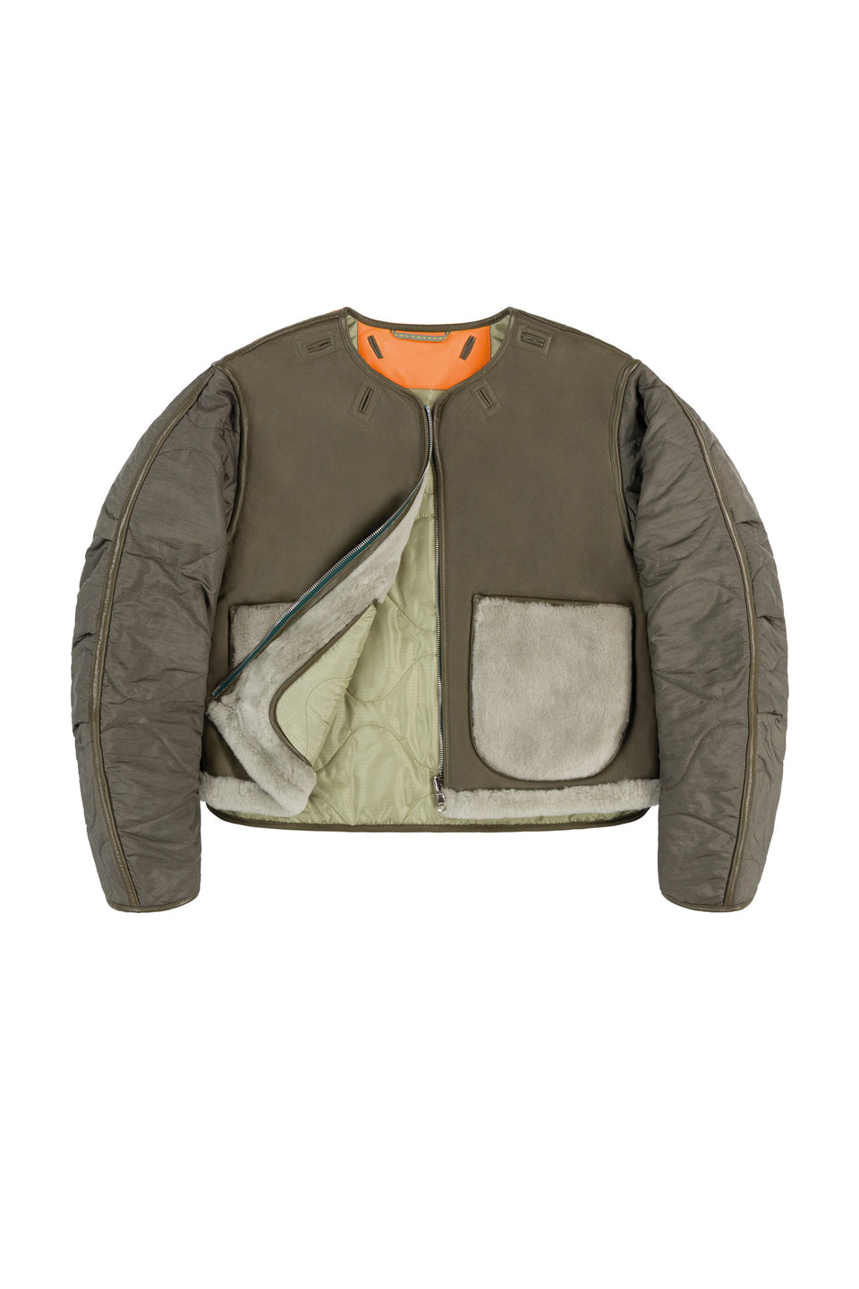 Shearling Cropped Aviator Quilt Jacket - Dark Olive / Pale Jade (listing page thumbnail)