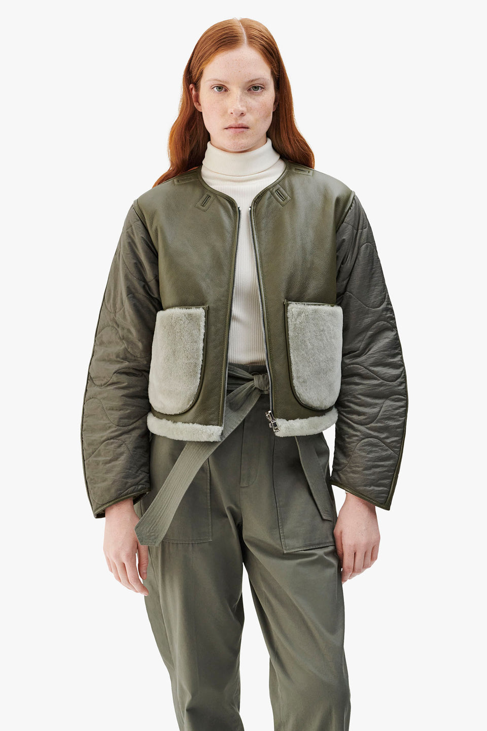 Shearling Cropped Aviator Quilt Jacket - Dark Olive / Pale Jade (listing page thumbnail)
