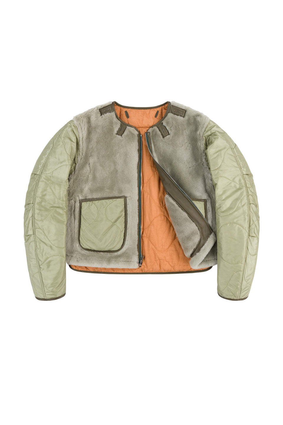 Shearling Cropped Aviator Quilt Jacket - Dark Olive / Pale Jade (listing page thumbnail)