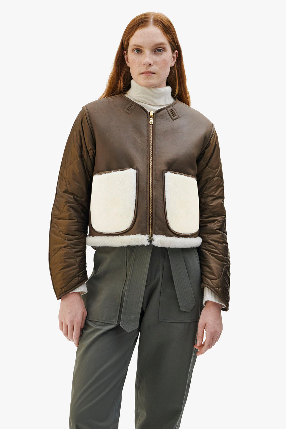 Shearling Cropped Aviator Quilt Jacket - Chocolate / Natural (listing page thumbnail)