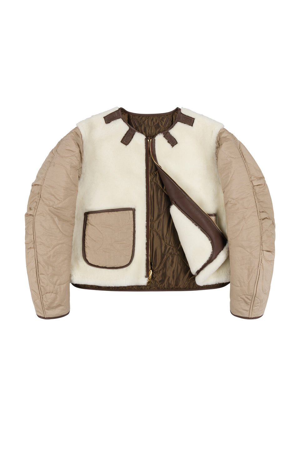 Shearling Cropped Aviator Quilt Jacket - Chocolate / Natural (listing page thumbnail)