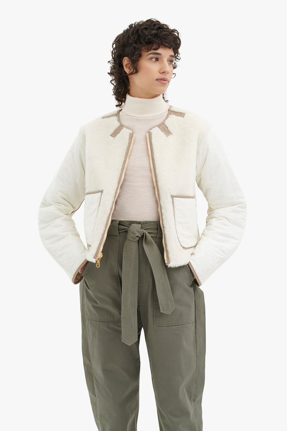 Shearling Cropped Aviator Quilt Jacket - Ivory / Natural (listing page thumbnail)