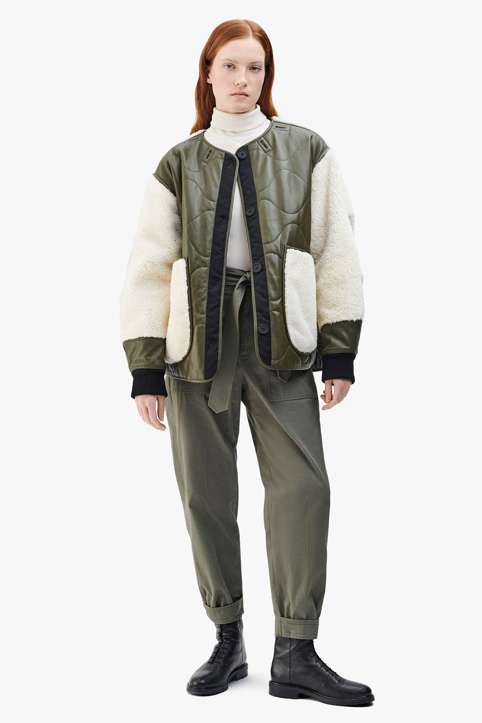 Shearling Leather Quilt Bomber - Dark Olive / Anthracite (listing page thumbnail)