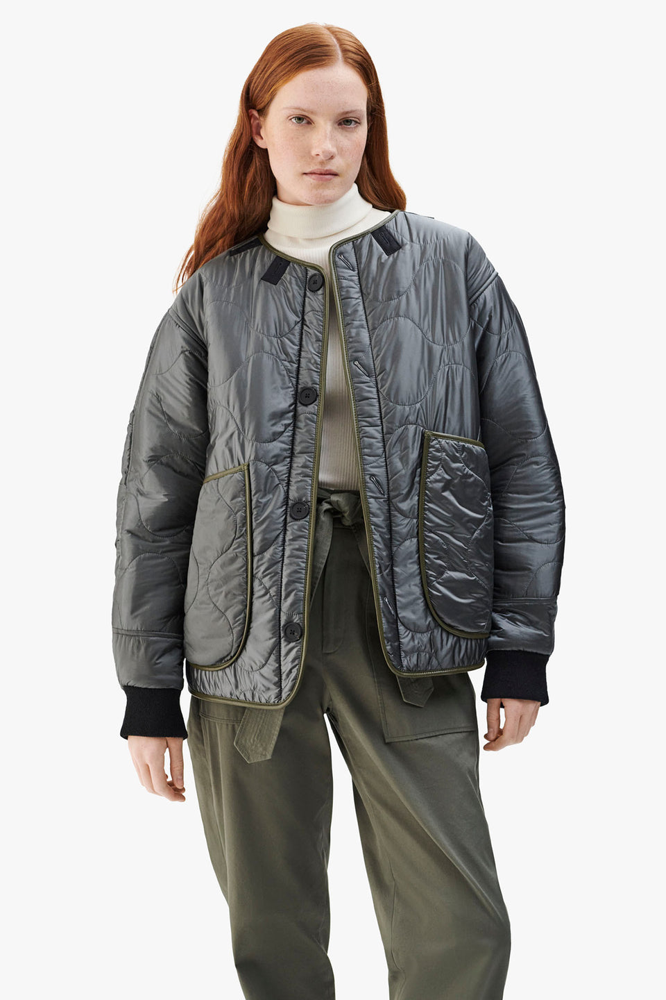 Shearling Leather Quilt Bomber - Dark Olive / Anthracite (listing page thumbnail)