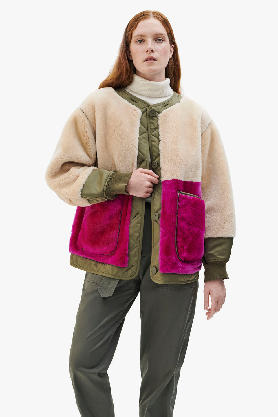 Shearling Quilt Bomber - Blush / Dark Olive (listing page thumbnail)