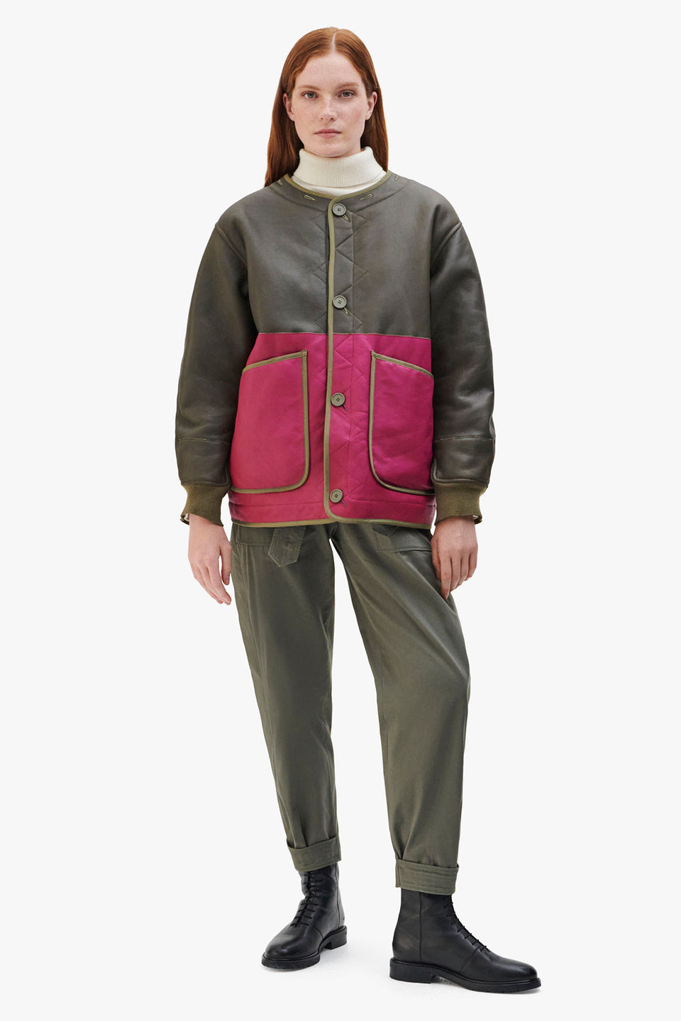 Shearling Quilt Bomber - Blush / Dark Olive (listing page thumbnail)