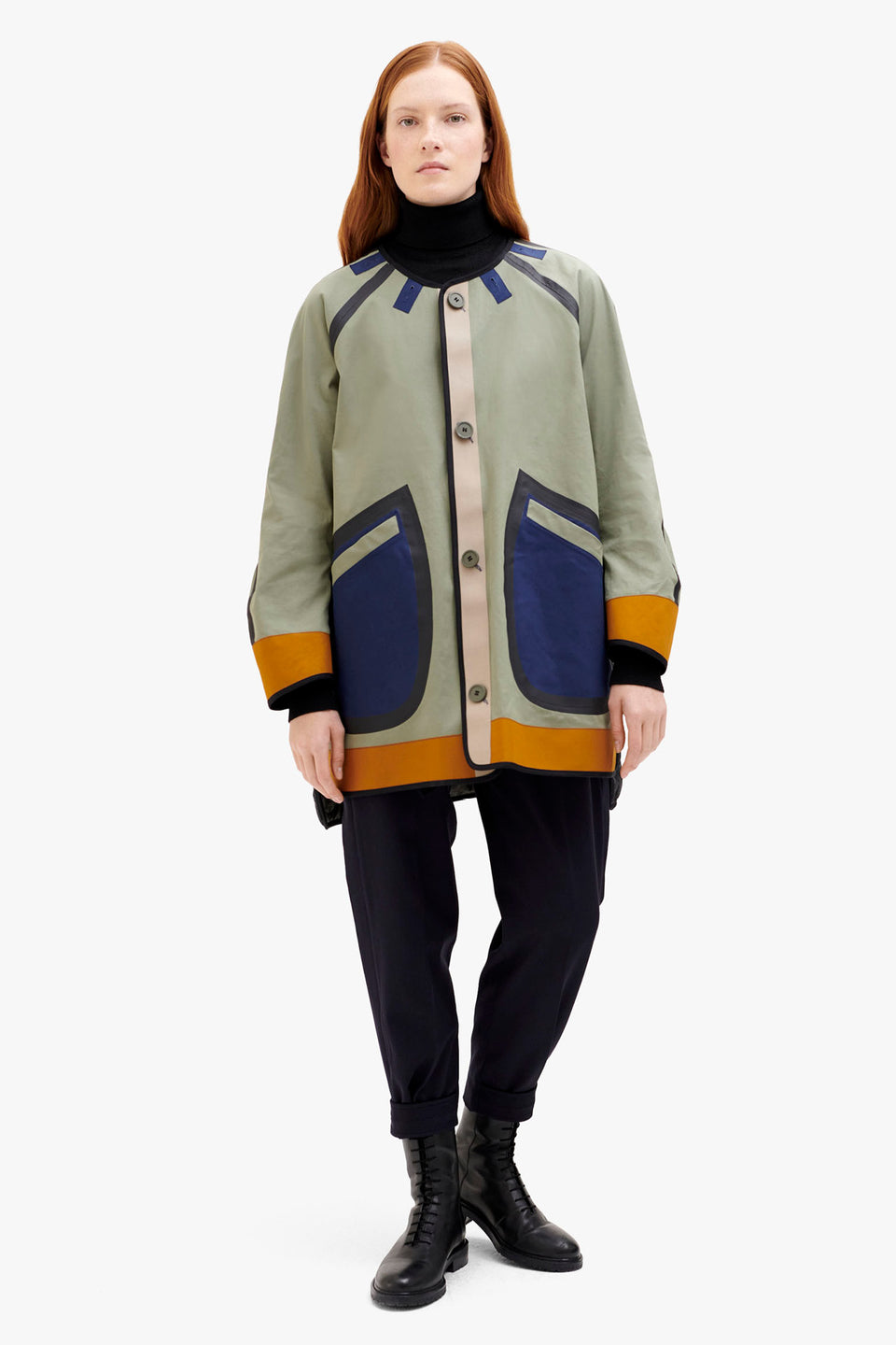 Short Bonded Patchwork Raincoat - Bright Navy / Sage (listing page thumbnail)