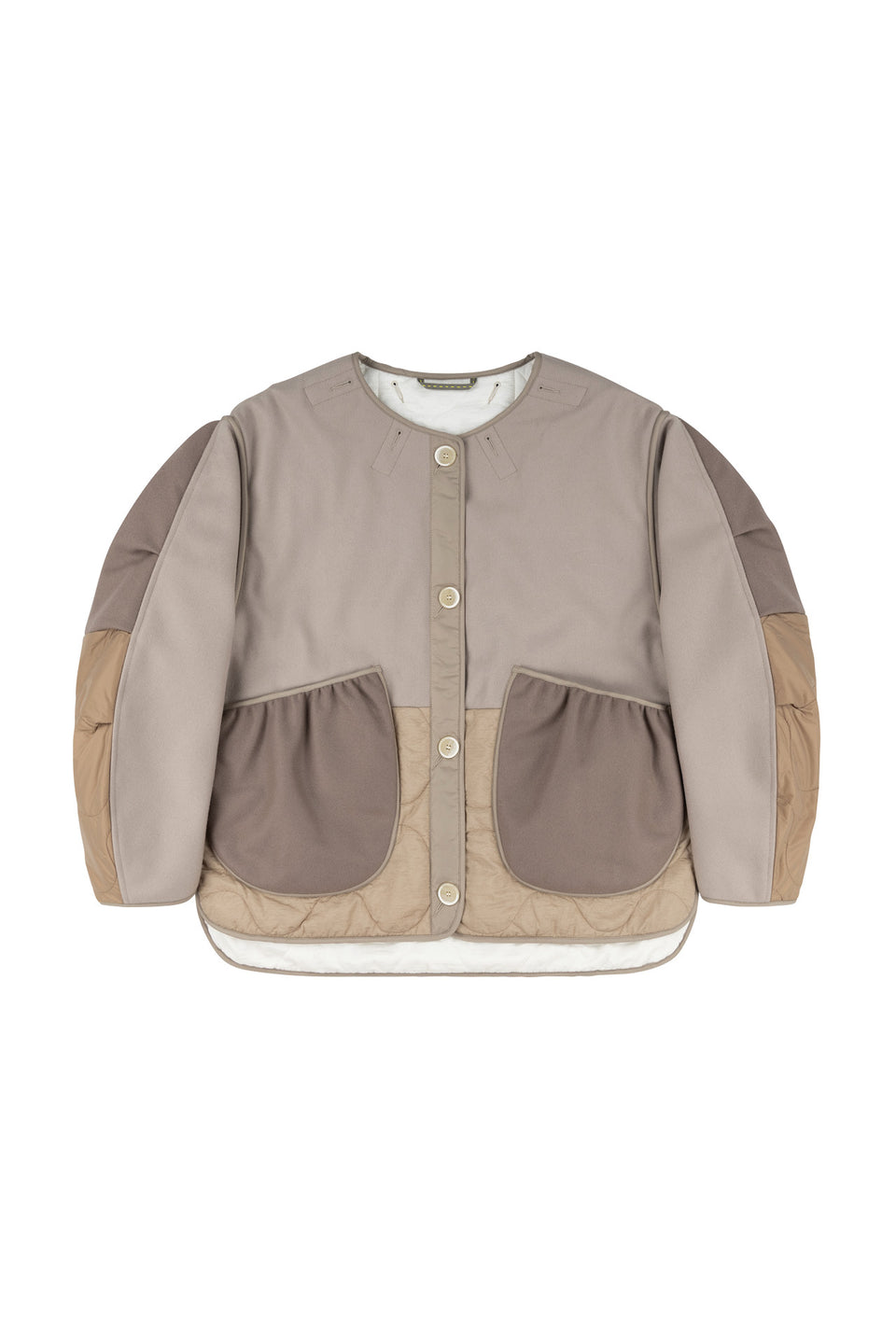 Wool Patchwork Cropped Quilt Jacket - Taupe / White (listing page thumbnail)