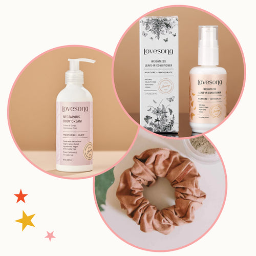3 circles with 3 different products. First circle is a small bottle of weightless conditioner and its packaging beside it. A white box with black floral illustration. The 2nd circle is an aluminum pump bottle of body cream. the 3rd circle is an image of dark pink plastic-free scrunchie. 