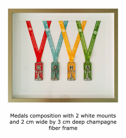 Medals composition with 2 white mounts and 2 cm wide by 3 cm deep champagne fiber frame