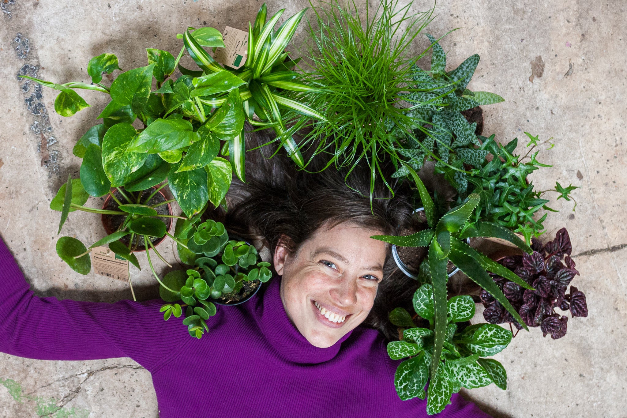 vrouw ligt op grond tussen kamerplanten