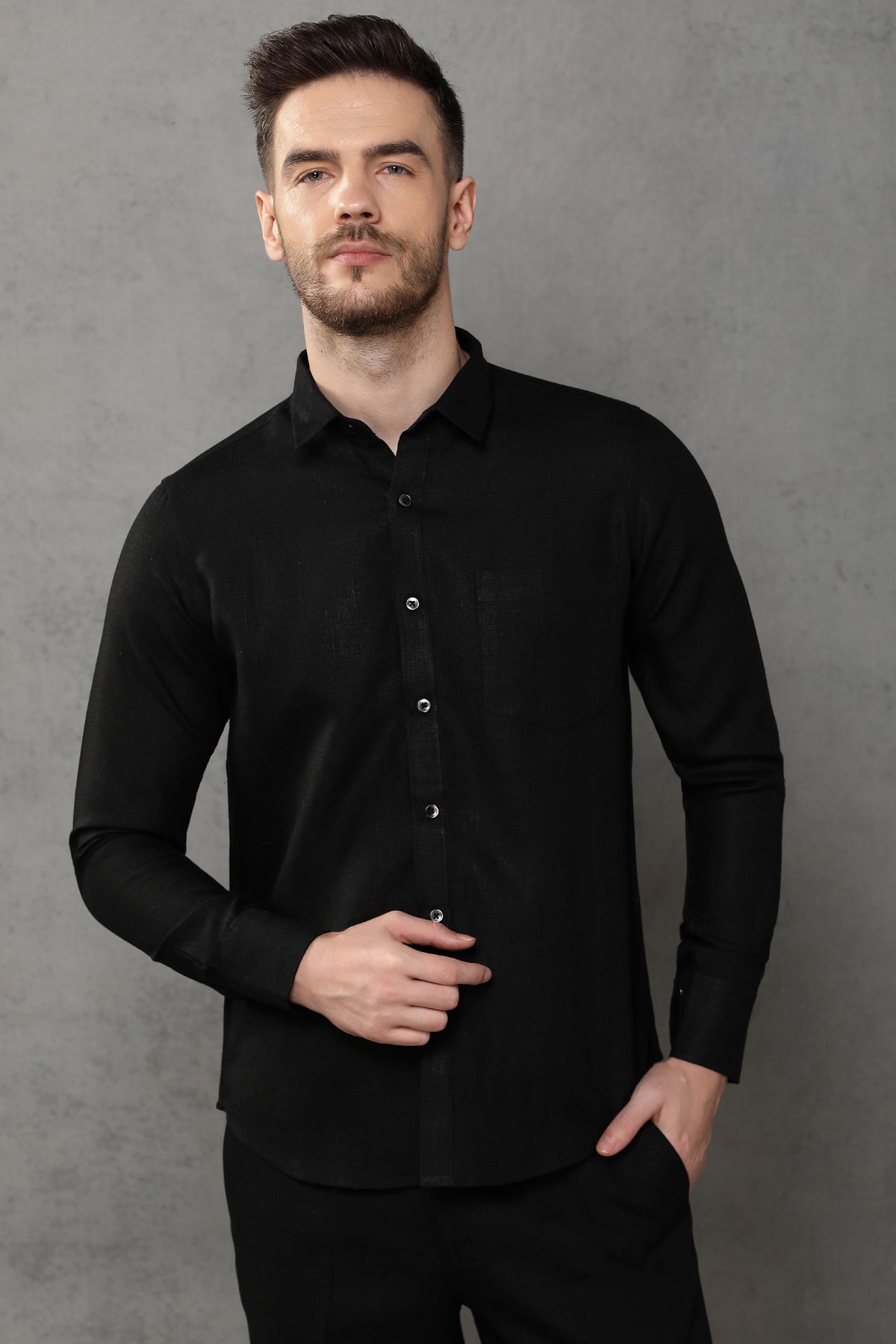 Jet Black Men's Linen Shirt - Full Sleeve Extended Collar | Yellwithus ...