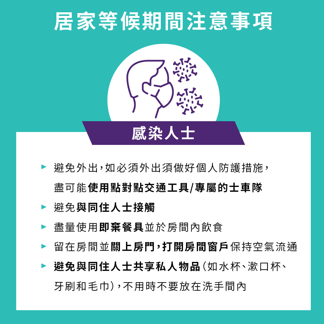 使用INDICAID快速測試驗出陽性後，可以留意以下居家等候期間的注意事項(感染人士)