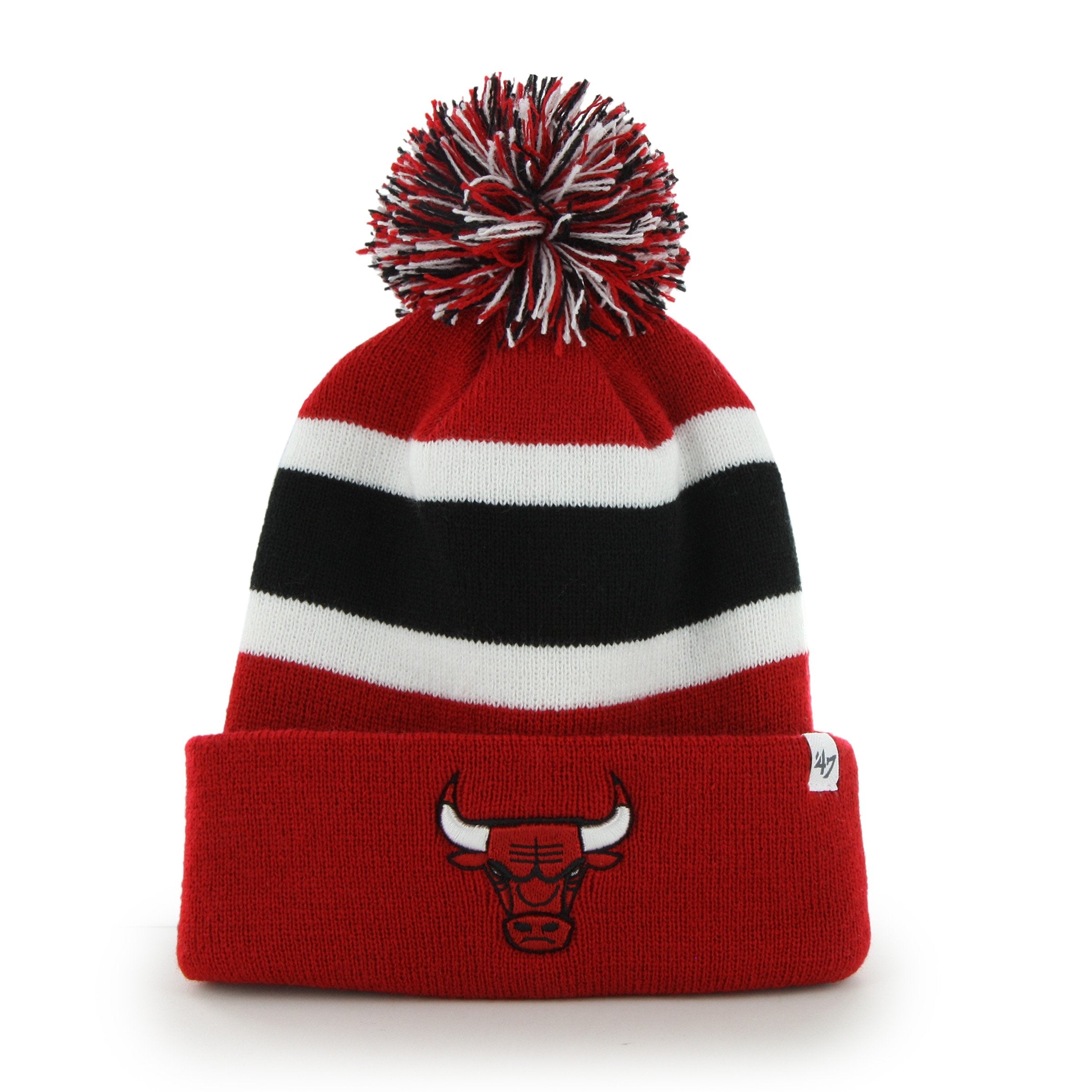 Rebaño El diseño panel Chicago Bulls 47 Brand Red White Black Breakaway Cuff Poofball Beanie Hat  Cap | Sporting Up